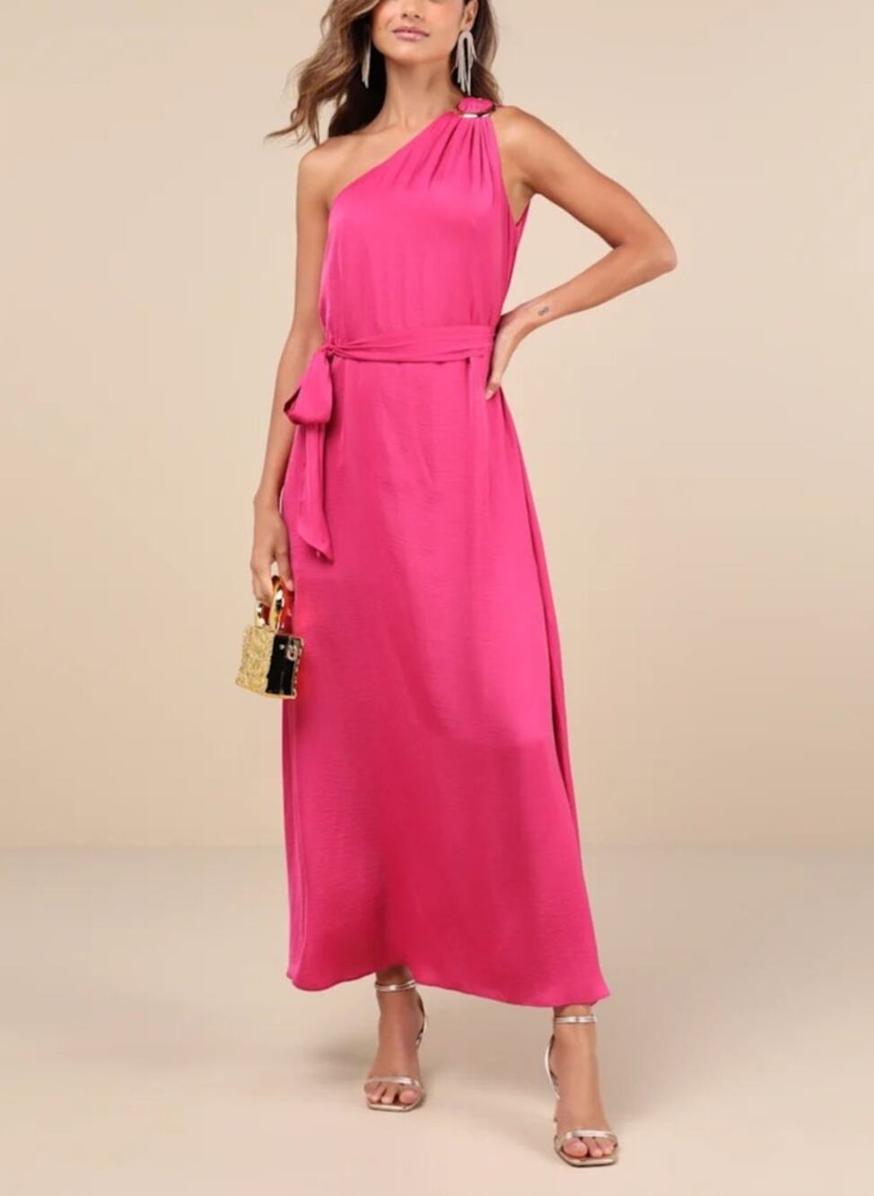 Lulu's Goddess Aura Satin One Shoulder Maxi Dress Small Pink Wedding Guest Event